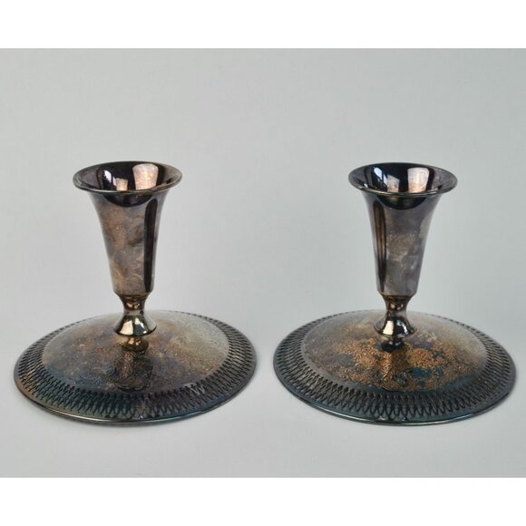 Vintage B. M. Co. Brocade 2241 Pierced Embossed Candlesticks Pair Silverplate Be - Picture 1 of 8